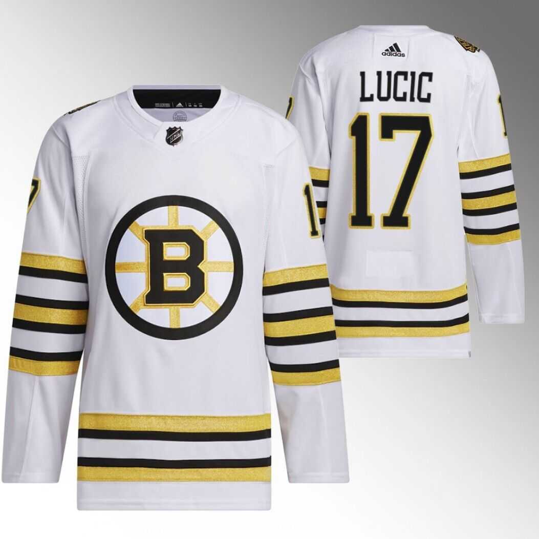 Men%27s Boston Bruins #17 Milan Lucic White 100th Anniversary Stitched Jersey Dzhi